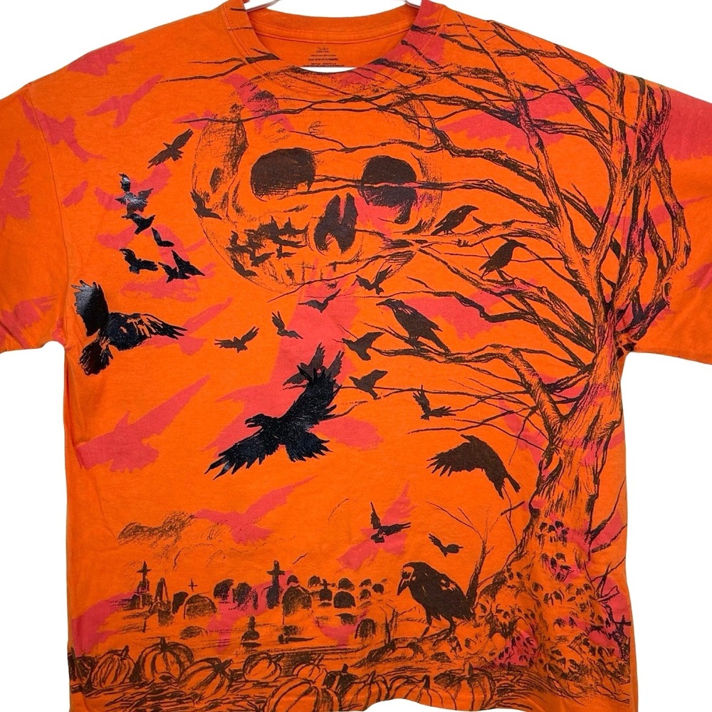 Halloween Skull Raven Graphic T-Shirt Mens XL Orange Spooky Cemetery AOP Y2K